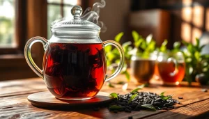 Pouring loose leaf black tea from a teapot into a cup, showcasing its rich color.