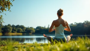 Practicing mindfulness techniques for dealing with stress in a tranquil outdoor setting.
