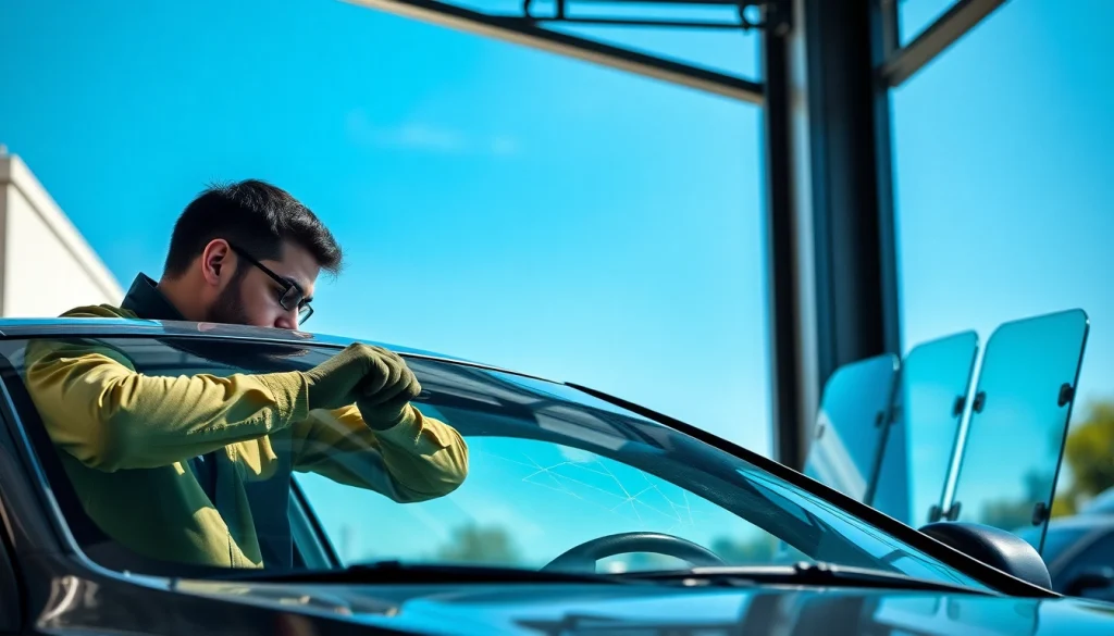 Windshield Repair in Portland showcasing a technician skillfully repairing a cracked windshield in a bright auto shop.