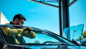 Windshield Repair in Portland showcasing a technician skillfully repairing a cracked windshield in a bright auto shop.