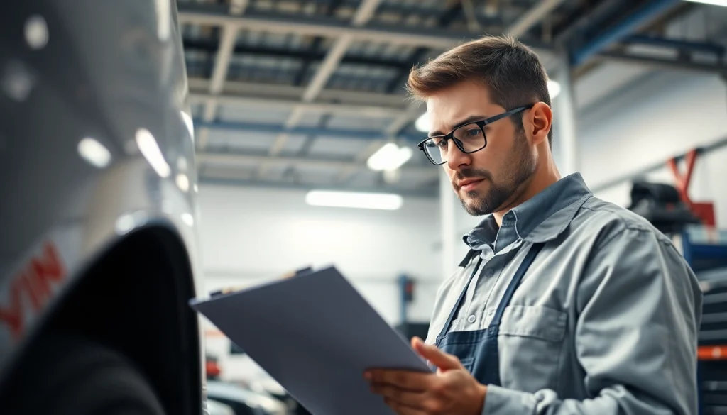 Inspecting a vehicle for an autocheck free report in an auto garage.