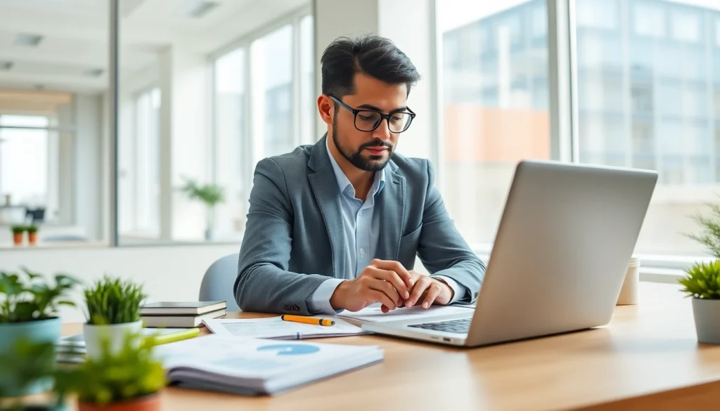 Tax preparer at a modern desk engaging with organized documents and a laptop, exuding professionalism.