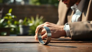 Stylish man showing wedding rings for men with a modern titanium design set in a natural garden.