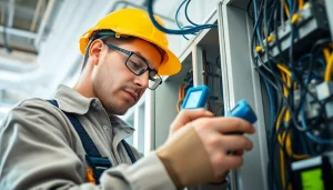 Technician conducting Fixed Electrical Testing for safety and efficiency in a commercial facility.
