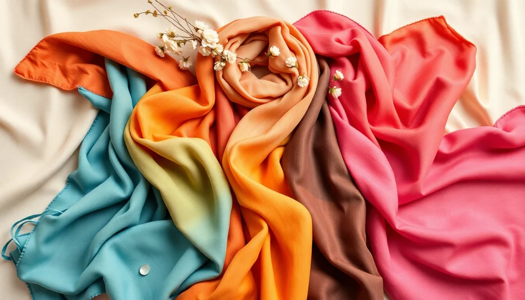 Showcase of colorful vela scarves elegantly draped over a neutral fabric background.