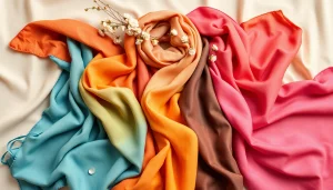 Showcase of colorful vela scarves elegantly draped over a neutral fabric background.