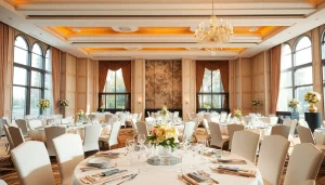 Setting the scene at le prestige hall with an elegantly decorated banquet table and sophisticated ambiance.