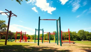 Group exercising on diverse Outdoor Gym Equipment set against a scenic park backdrop.