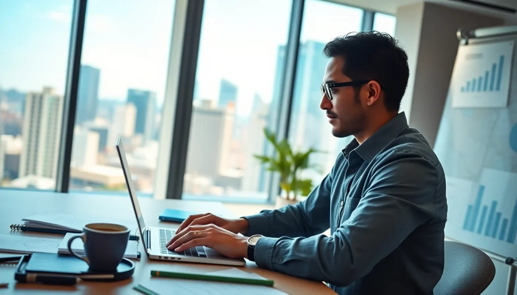 Entrepreneur launching a successful startup amid innovative workspace elements.