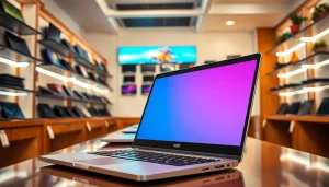 Shop for Laptops Mombasa in a vibrant electronics store with various models on display.