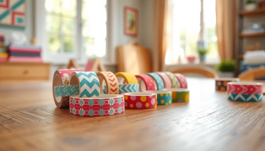 Transform custom washi tape into creative designs on a crafting table.
