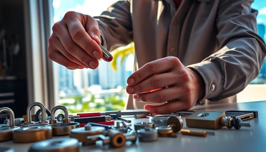 Locksmith Miami expertly working on a modern lock, demonstrating professionalism and trust.