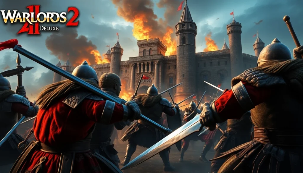 A thrilling scene of "Warlords 2 download," with characters in combat on a medieval battlefield.