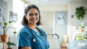 Supportive nurse guiding recovery with VDAP in a healing hospital environment.