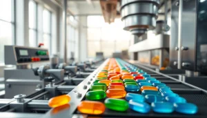Efficient softgel capsule machine in action, producing vibrant gel capsules in a bright manufacturing space.