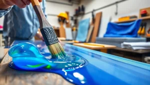 Applying laminating resin to fiberglass cloth with precision in a workshop setting.