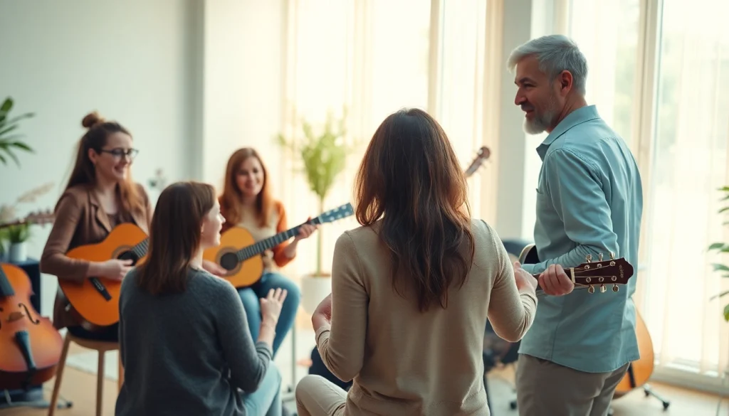 Interactive session showcasing Musiktherapie with a professional therapist engaging clients in music.