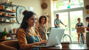 People engaged in quick side hustles, working on laptops and crafting in a vibrant café setting.