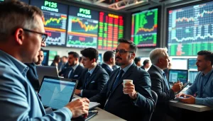 Retail traders analyzing dynamic market trends in a vibrant trading room.