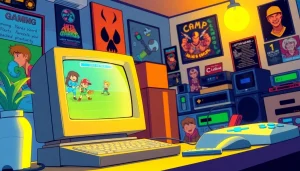 Play DOS games with a vintage computer setup showcasing classic game characters.