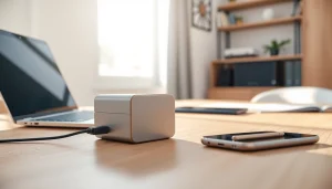 Showcasing the starlink mini 12v power supply in a modern home office setting with warm lighting.