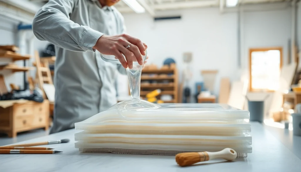 Applying laminating resin on fiberglass for professional crafting and repair.