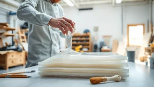 Applying laminating resin on fiberglass for professional crafting and repair.