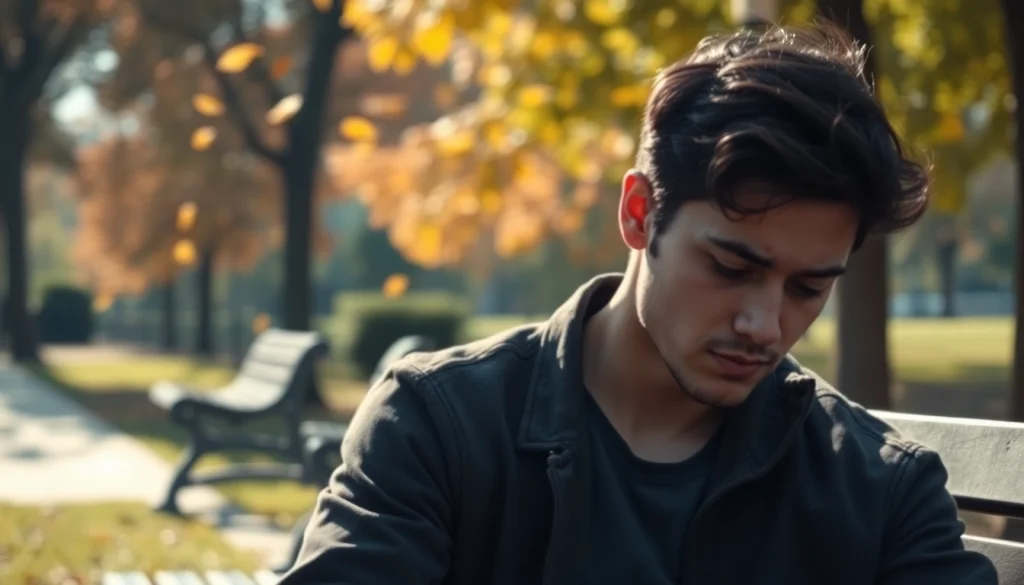 Person reflecting on their relationship breakup, sitting alone on a park bench amidst autumn leaves.