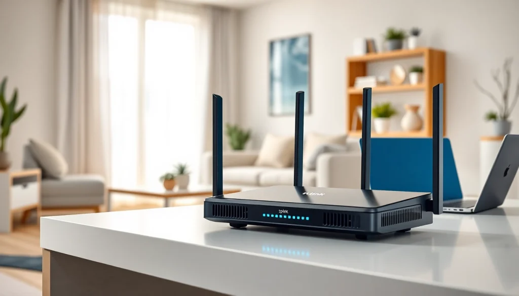 Enhance your home with Tplink networking equipment prominently featured in a stylish workspace.