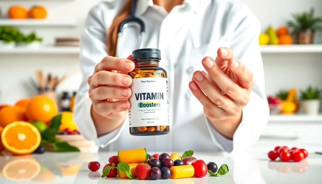 Explore Vitamin Boosters showcased with fresh fruits and supplements in a bright setting.