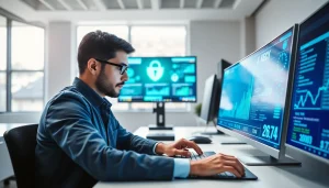 Cybersecurity-Experte analysiert Daten in einem modernen Büro mit digitalen Sicherheitszeichen.