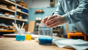 Apply laminating resin in a busy workshop, emphasizing technique and precision.