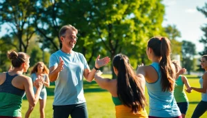 Engaged group fitness class showcasing the best weight loss program outdoors, led by a professional coach.