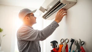 Expert HVAC technician performing ac repair phoenix az with essential tools in bright interior setting.