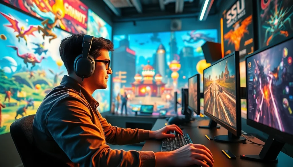Menjadi gamer ulung dalam game online dengan setup gaming modern dan atmosfer yang semarak.