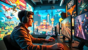 Menjadi gamer ulung dalam game online dengan setup gaming modern dan atmosfer yang semarak.