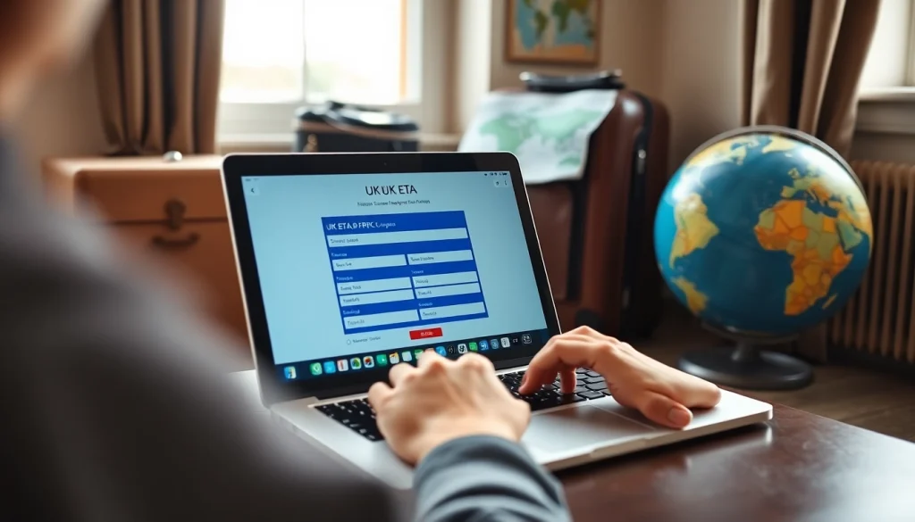 Traveler completing the UK ETA online application on a laptop in a cozy office.