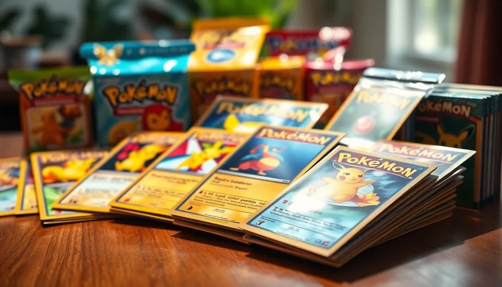 Showcasing real Pokemon cards amidst colorful booster packs, inviting nostalgia for collectors.