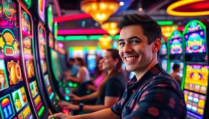 Menggairahkan judi slot online batman138 dengan pemain bahagia di kasino virtual yang cerah.