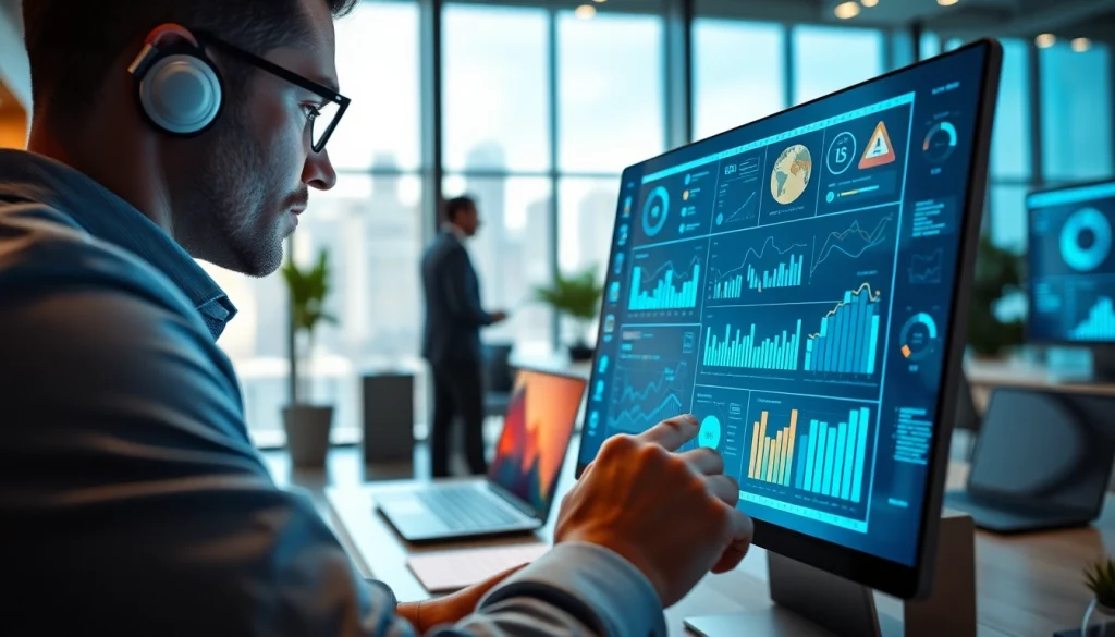Analyst utilizing ai for competitive intelligence in a modern office setting, focusing on data.