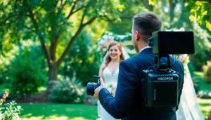 Engaging Edmonton videographer capturing a wedding moment outdoors in a vibrant setting.