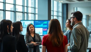 Analyze competitive intelligence strategies with a professional team in a bright office.