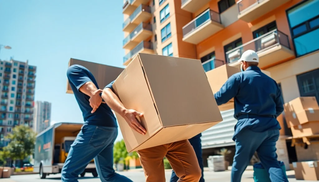 Efficient movers from https://bennettsmoving.com/ handling a large box in a vibrant urban environment.
