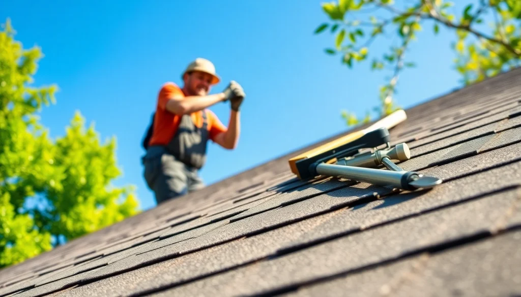 Expert inspecting roof repairs in Vancouver WA, showcasing shingles and tools used in the process.