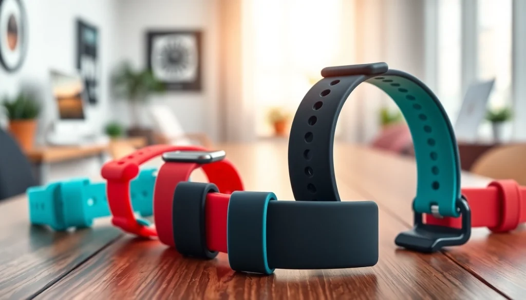 Showcasing silicone watch straps in vibrant colors on a stylish wooden table.