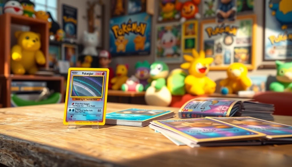 Showcasing vibrant real Pokemon cards on a rustic table with a rare holographic card featured.