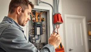 Electrical Service technician performing installation on a residential electrical panel.
