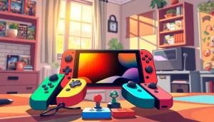 Engaging Nintendo Switch games showcased in a vibrant gaming setup with joy-con controllers.