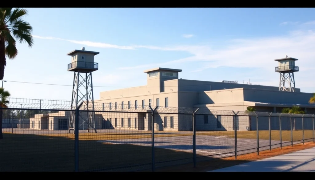 View of the orange county jail showcasing its security features and imposing architecture.