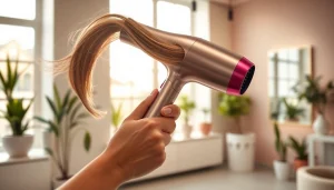 Styler hair dryer in action, demonstrating professional hairstyling techniques in a bright salon.